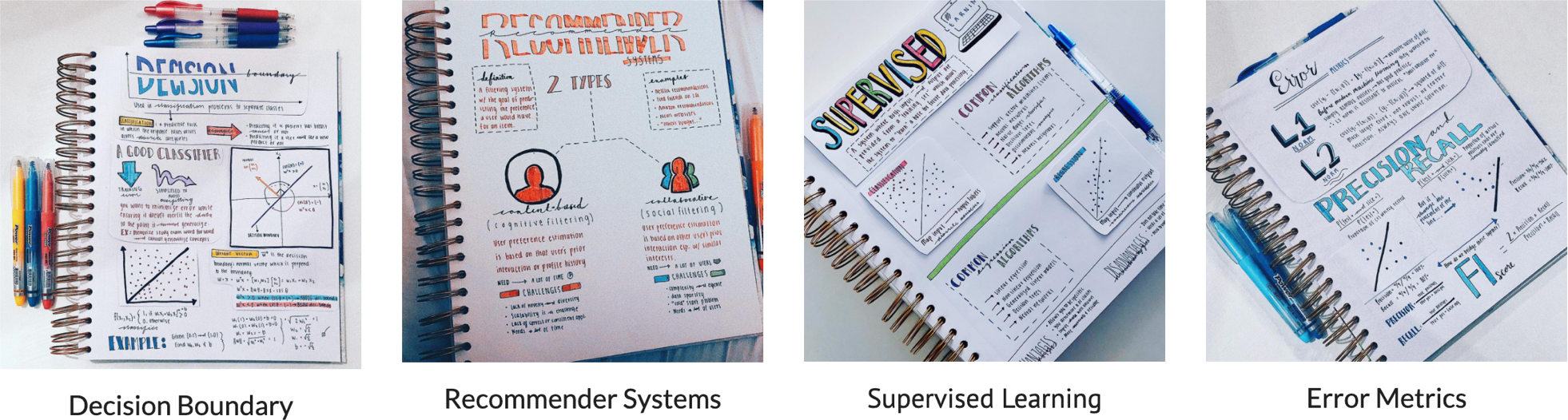 Handwritten notes on decision boundaries, recommender systems, supervised learning, and error metrics